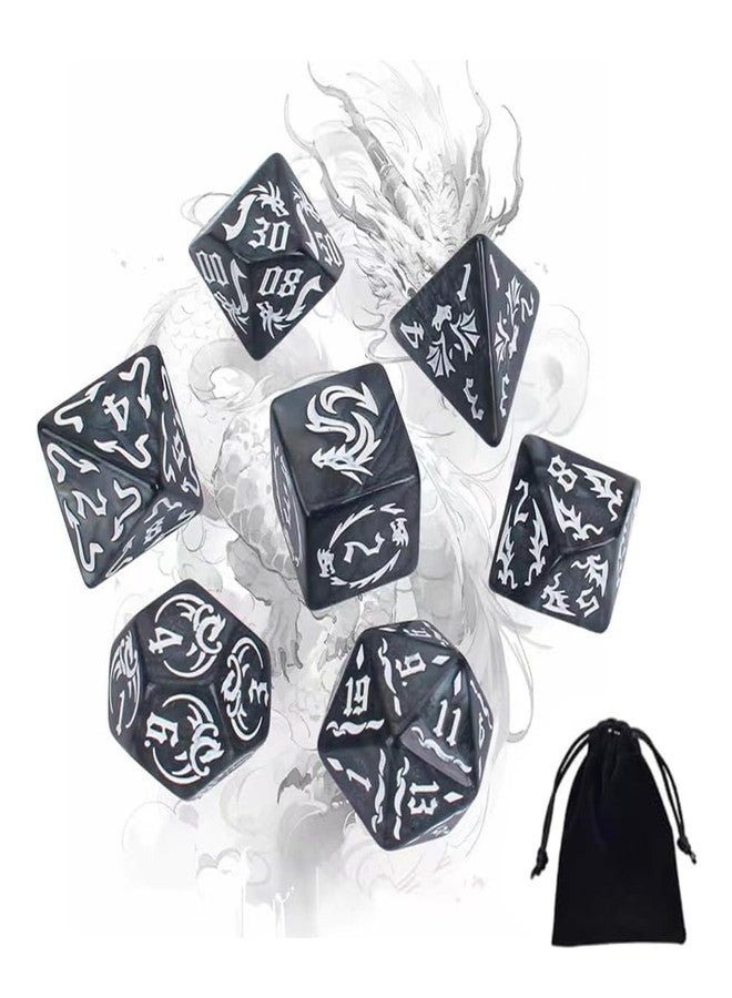 سكويشي مجموعة نرد مكونة من 7 قطع، نرد متعدد الأوجه بتصميم تنين، مجموعة نرد سوداء مع حقيبة تخزين لألعاب تقمص الأدوار على الطاولة وألعاب النرد. - Image 1